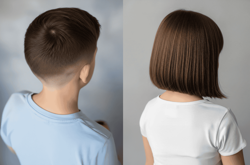 Zwei Kinderhaarschnitte von hinten. Links ein kurzer Jungenhaarschnitt mit braunen Haaren, rechts ein Mädchenhaarschnitt mit schulterlangen braunen Haaren.