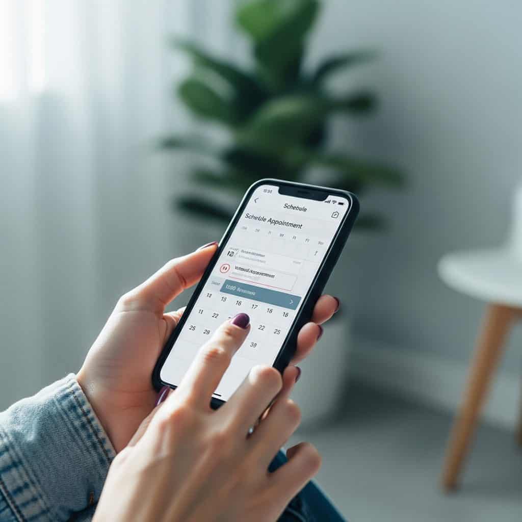 Zwei Hände von einer Person, die mit ihrem Handy einen Termin macht. Im Hintergrund ist eine Pflanze und ein Stuhl zu sehen.