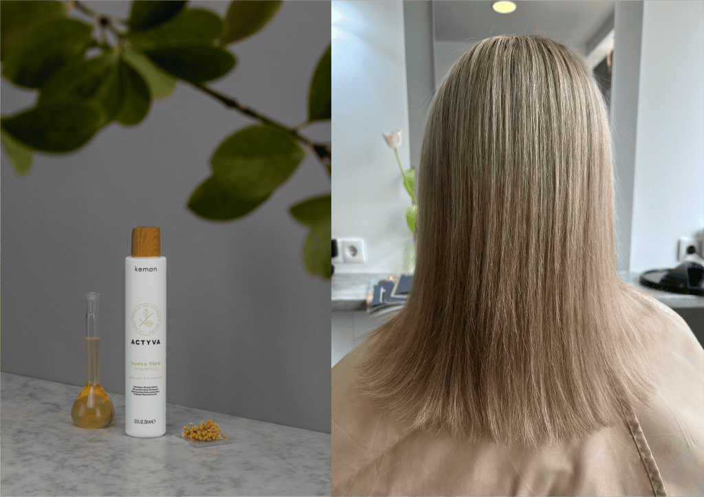 Links ein Frauenkopf von hinten mit langen blonden Haaren nach einer Keratin Behandlung, links ein nuova fibra Shampoo Produkt von Kemon