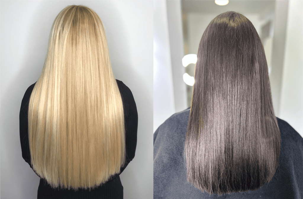 zwei Frauen von Hinten mit Haarverlängerungen, links blond, rechts braun haarig
